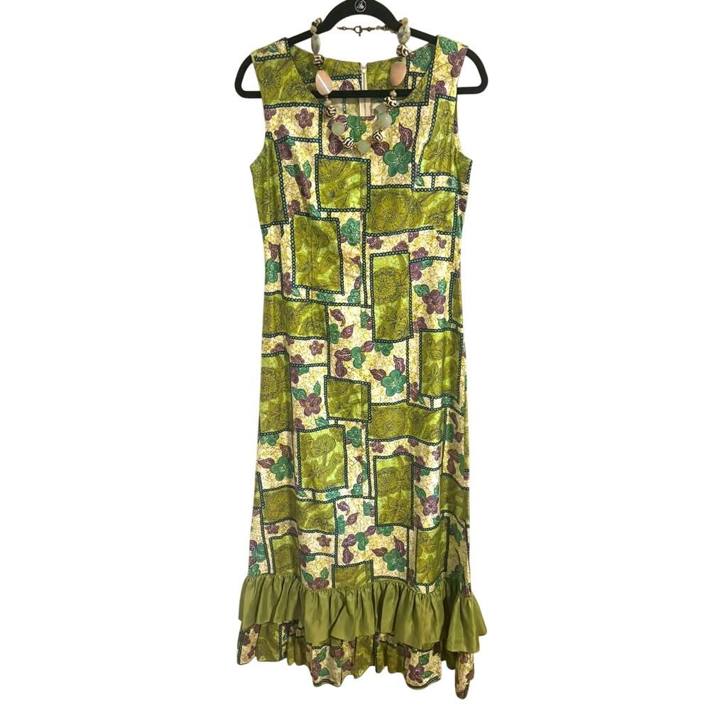 Vintage 70s Hawaiian Floral Patchwork Maxi Dress Green Boho Cotton Ruffle Hem S - Picture 6 of 8
